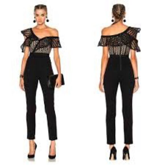 SELF PORTRAIT X REVOLVE black Lace Guipure Frill off the shoulder Jumpsuit sz 6 - Picture 3 of 11